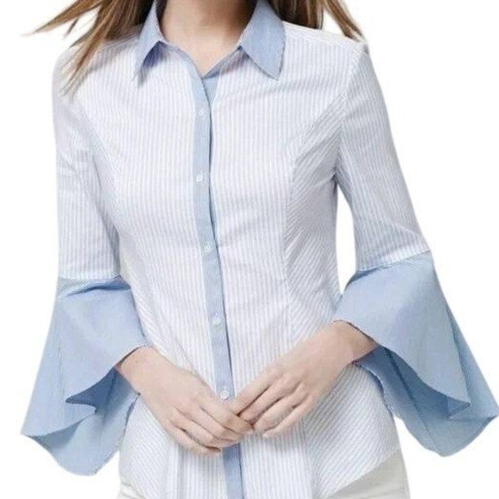WHITE HOUSE BLACK MARKET Blue and White Striped Button Up Bell Sleeve Blouse‎ 6
